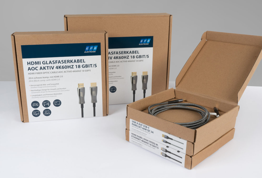 Packaging solutions with HDMI fiber optic cables and USB-C cables from EFB-Elektronik Packaging solutions with HDMI fiber optic cables and USB-C cables from EFB-Elektronik