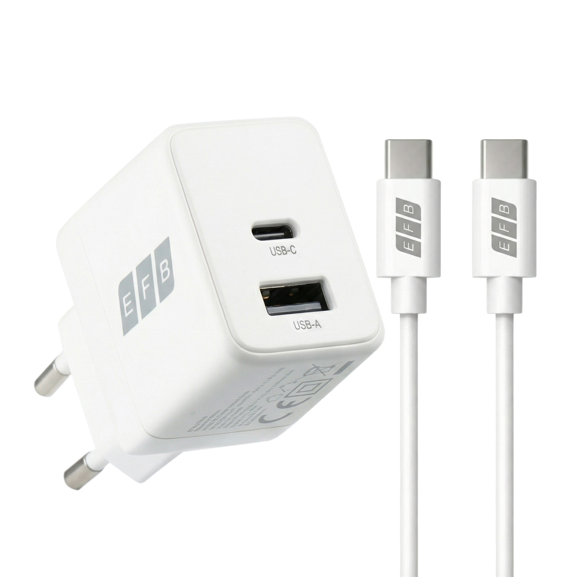 Ladegerät 20W USB-C + USB-A Set PD3.0 GaN QC3.0 inkl. 2m USB-C Ladekabel weiß