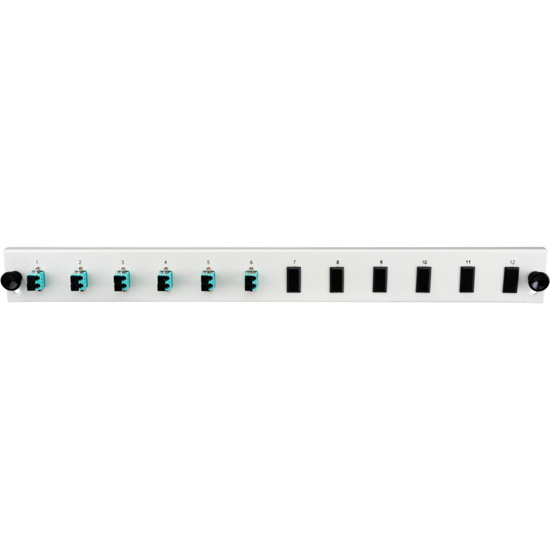 Bestückte 12 Port Frontblende mit 6 x LC Duplex Kupplung OM4 vertikal, grau