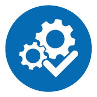 Icon für weniger Fehler und reibungslose Abläufe mit Zahnrädern und Häkchen auf blauem Hintergrund 