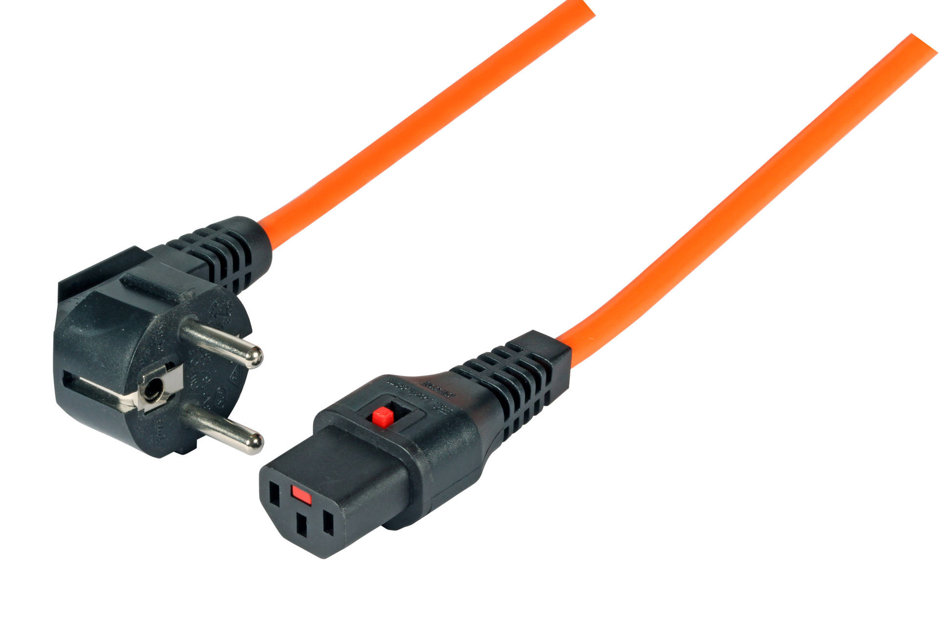 Netzleitung CEE7/7 gewinkelt 90° - C13 180°, IEC Lock, orange, 2,0 m