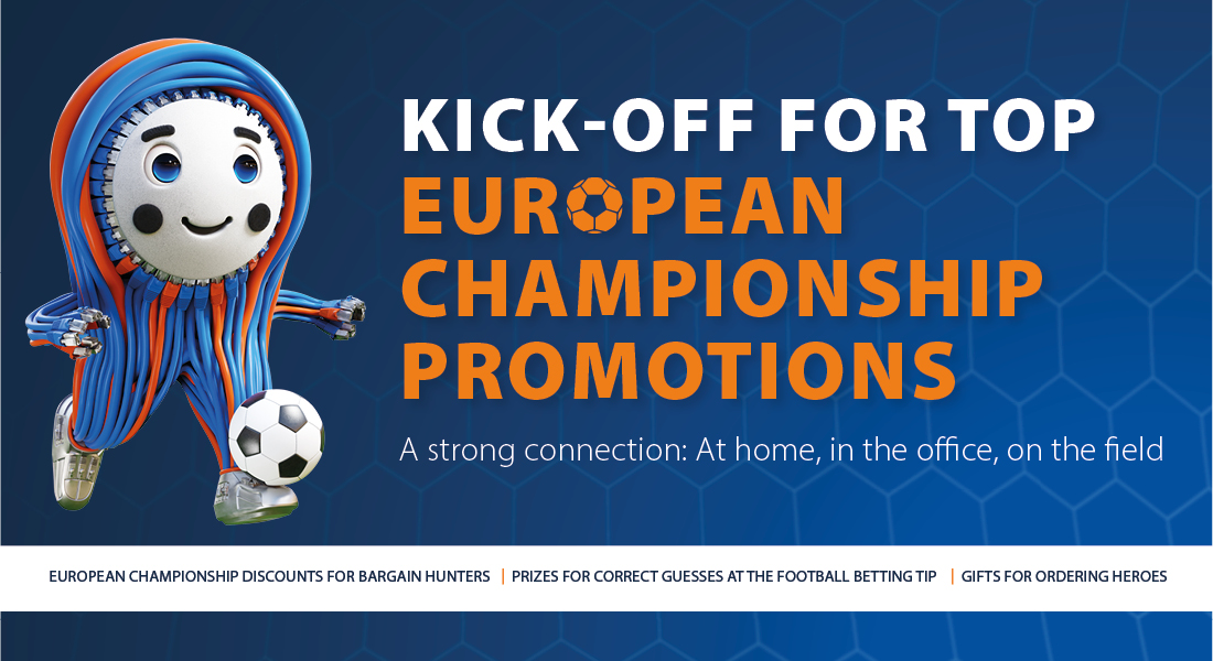 Patchy, a personified representation of network cables and components with friendly, cartoon-like features, plays football against a blue background. Text opposite: "Kick-off for top European Championship promotions"