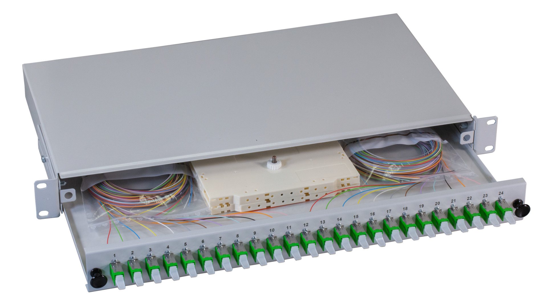 Spleißbox sw E2000®-APC 9/125µ OS2 ausziehbar 24 Pigtails/24 Kuppl.