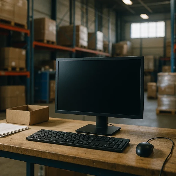 Computerarbeitsplatz im Lager mit Monitor, Tastatur und Maus vor Regalen mit Kartons – digitale Lagerverwaltung und Logistikarbeitsplatz