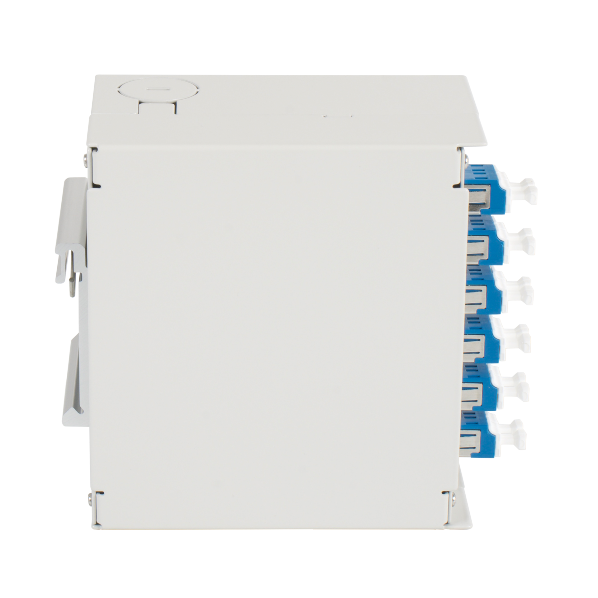 Hutschienenbox OS2 G652D 12xLC Pigtail abgesetzt, 6x LC-Duplex Kupplung