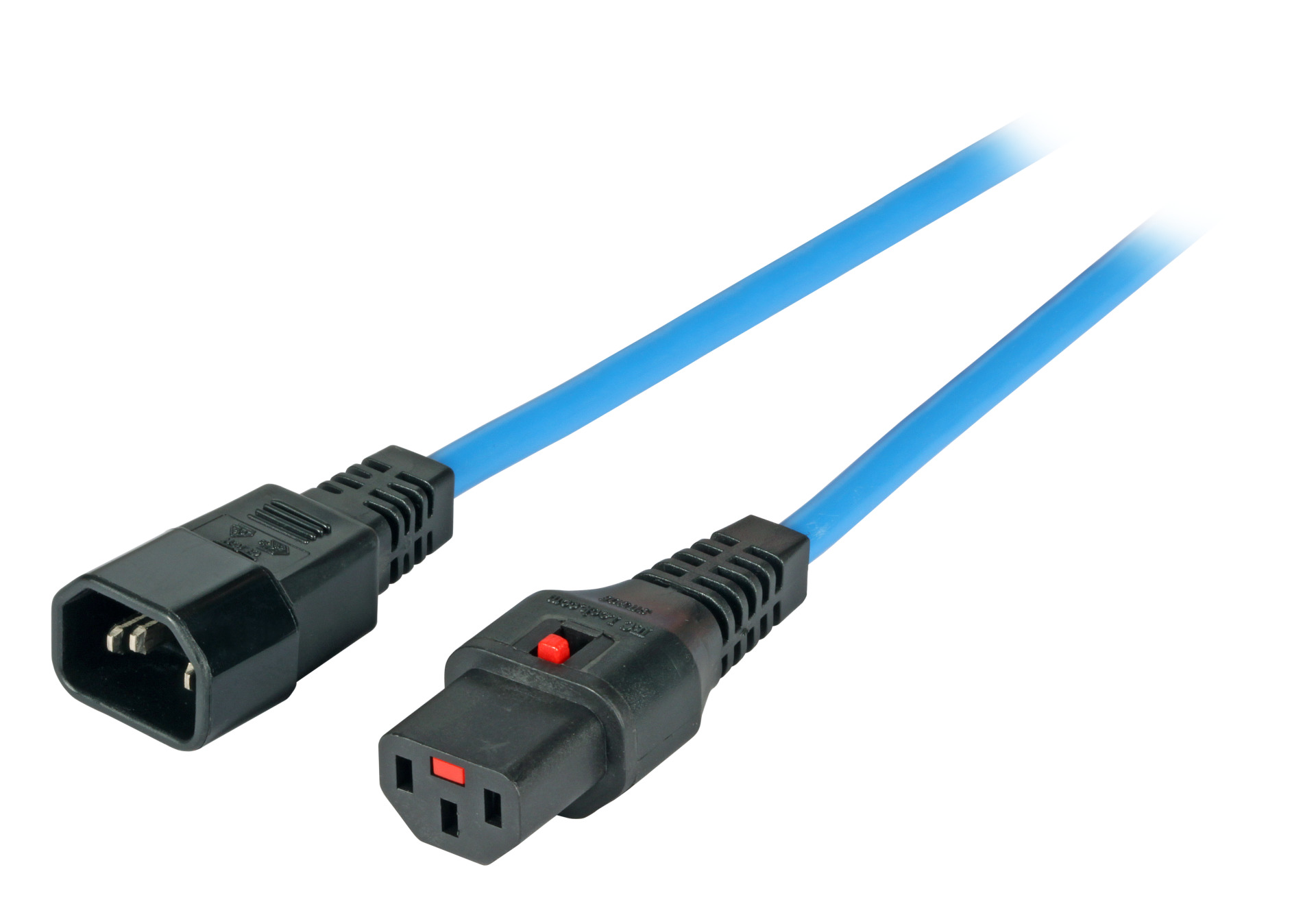 Extension Cable C14 180° - C13 180°, Blue, 0.5 m, 3 x 1.00 mm², IEC Lock