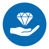 Icon with hand and diamond - symbol for high-quality materials and excellent product processing on a blue background Icon with hand and diamond - symbol for high-quality materials and excellent product processing on a blue background