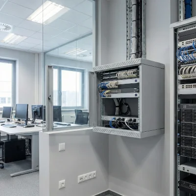 Offenes 19-Zoll-Wandgehäuse mit Patchpanel, aktiven Netzwerkkomponenten und strukturierter IT-Verkabelung in einer modernen Büroumgebung