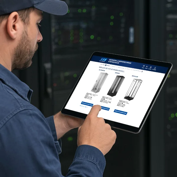 Techniker nutzt Tablet mit Online-Konfigurator für Netzwerkschränke im Serverraum Techniker nutzt Tablet mit Online-Konfigurator für Netzwerkschränke im Serverraum