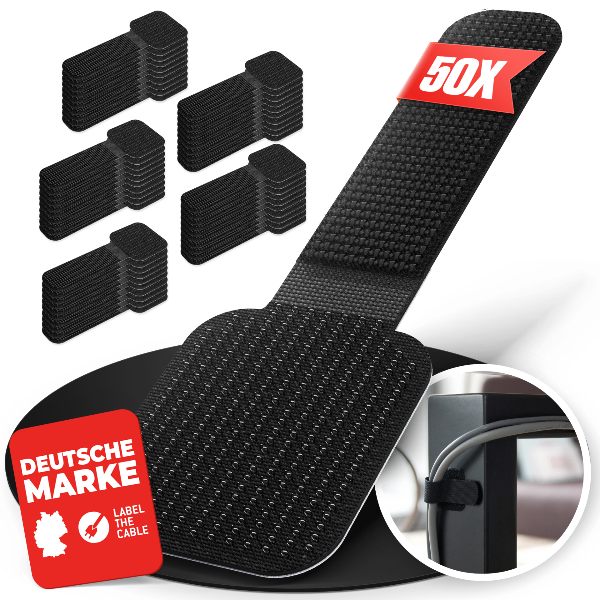 LTC WALL STRAPS Selbstklebende Klettkabelhalter,50 Stück Set schwarz