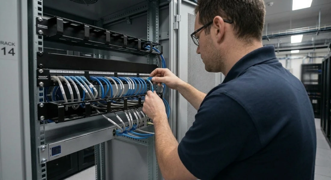 Techniker installiert Netzwerkkabel an einem 19-Zoll-Patchpanel im Serverschrank.