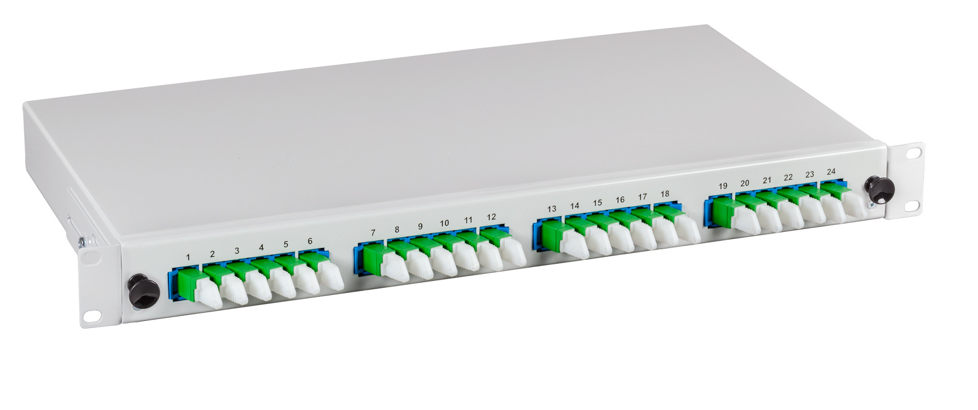 Spleißbox E2000®-APC 9/125µ OS2 ausziehbar 12 Pigtails abgesetzt/12 Kuppl.schräg