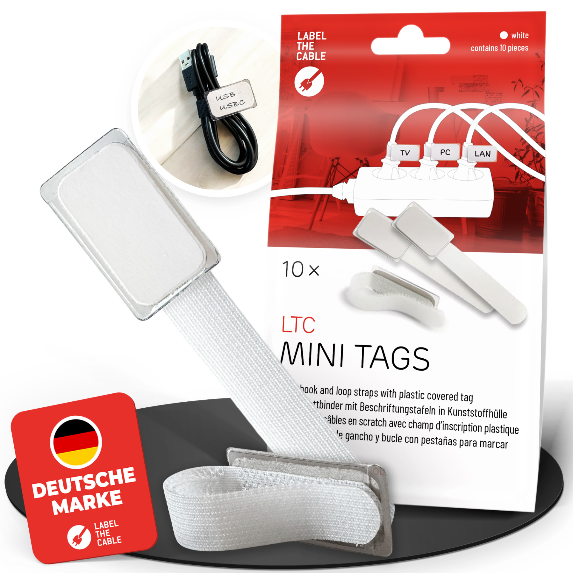 LTC MINI TAGS Kleine Klettkabelbinder mit Beschriftungstafeln 10 Stk Set weiß