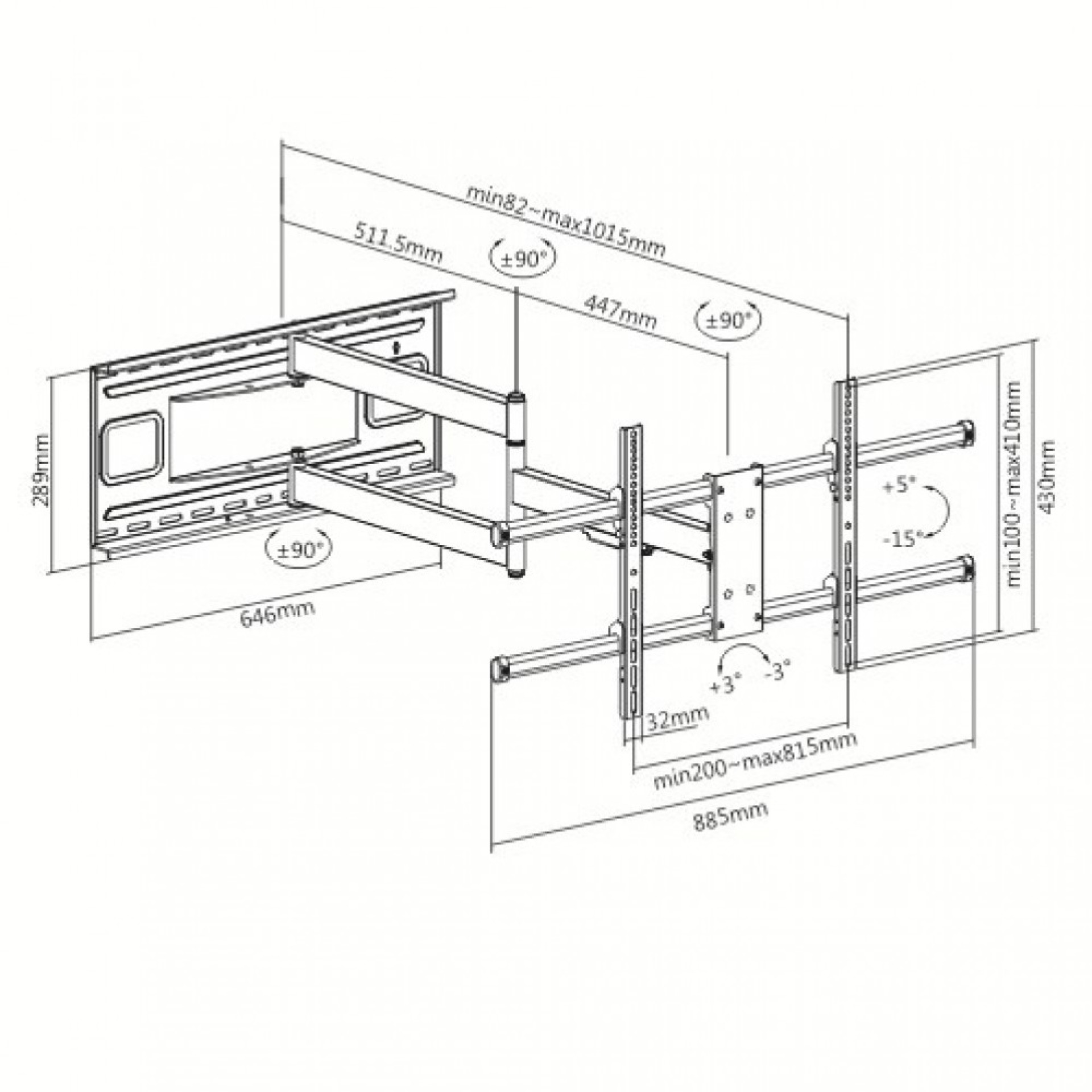 Wall support for LCD TV LED 43" - 80" , 1015mm wall distance, black