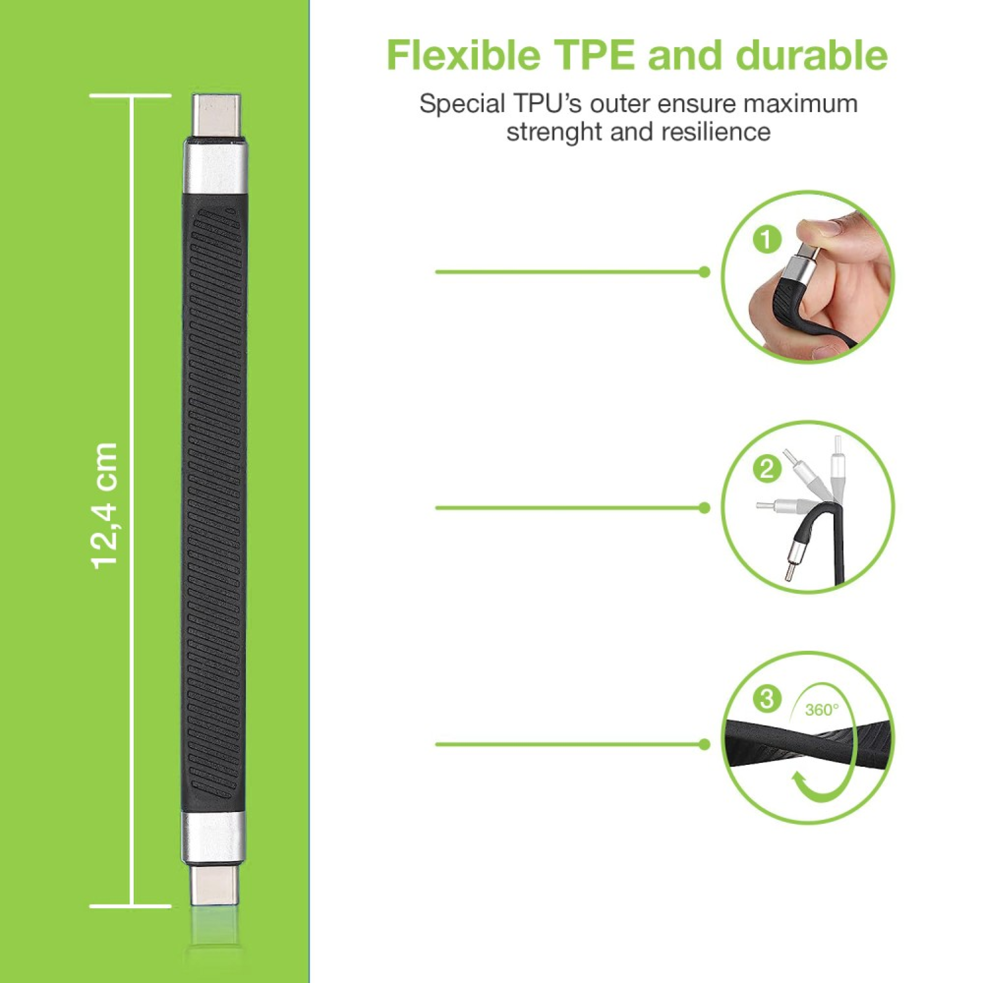 Techly USB-C male to USB-C male, short, flat FPC fast charging cable