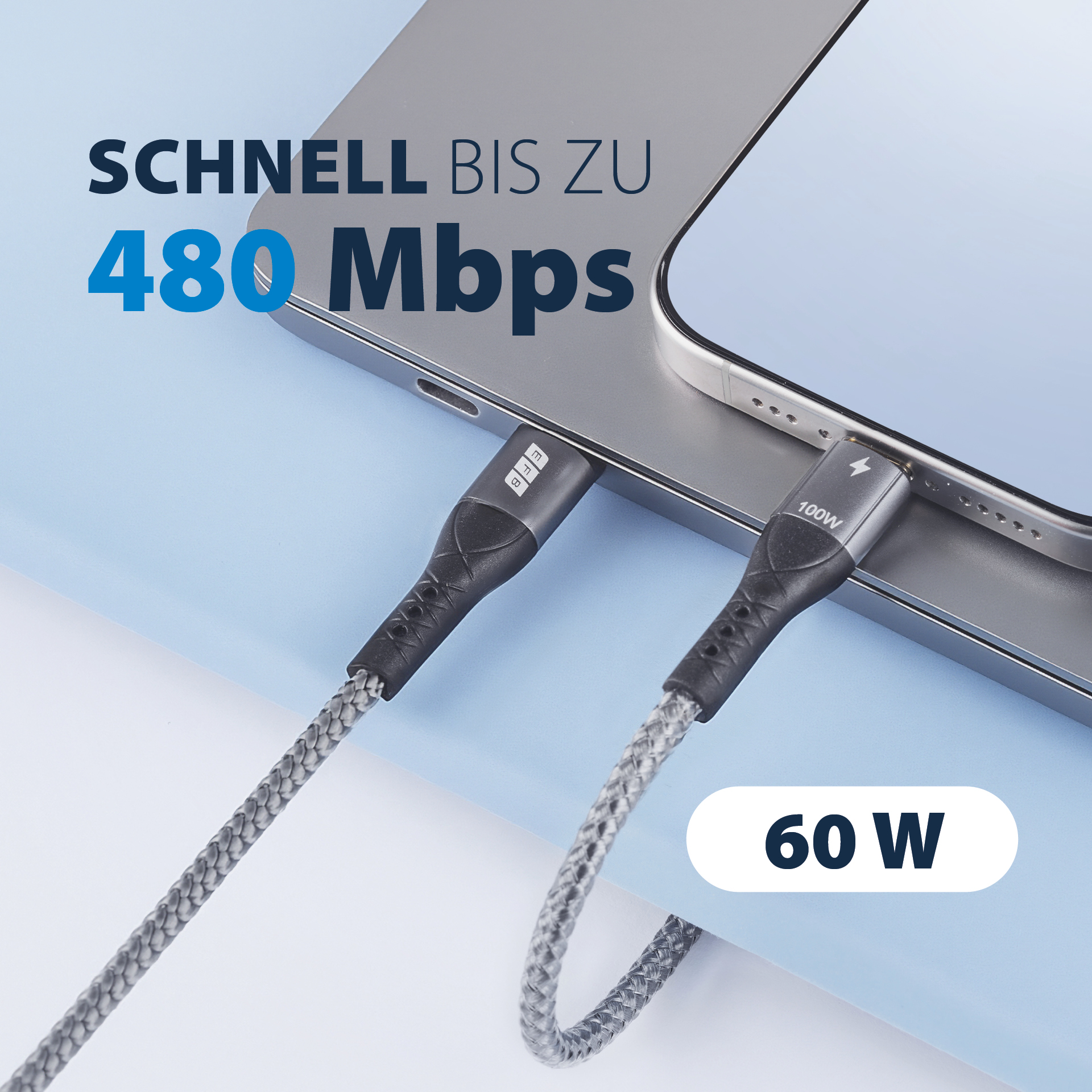 USB-A auf USB-C Kabel 60W QC 3A 2m grau Goldkontakte Textilmantel