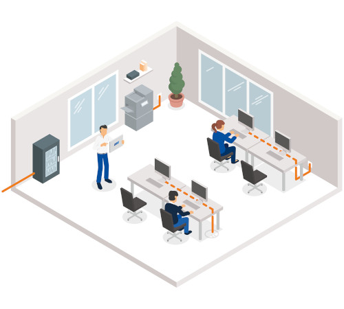 Modern office with several workstations networked by orange cables. Two people are working on their computers, while a third person is using a tablet.
