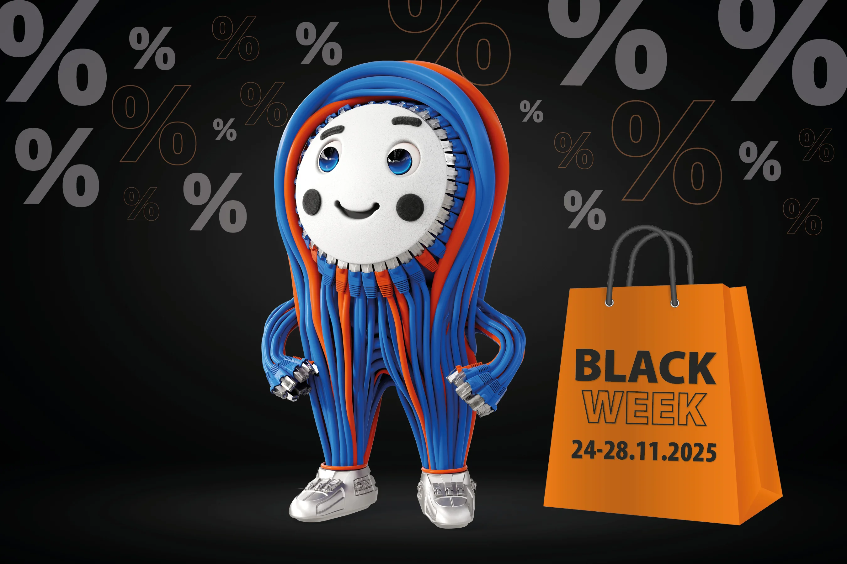 Friendly mascot character Patchy made of network cables next to an orange banner with the inscription 'Black Week' on a black background - EFB-Elektronik campaign