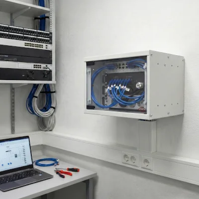 Offenes Netzwerk-Wandgehäuse mit Patchpanel, blauen Netzwerkkabeln und strukturierter IT-Verkabelung an einer Bürowand neben Arbeitsplatz und Netzwerkschrank