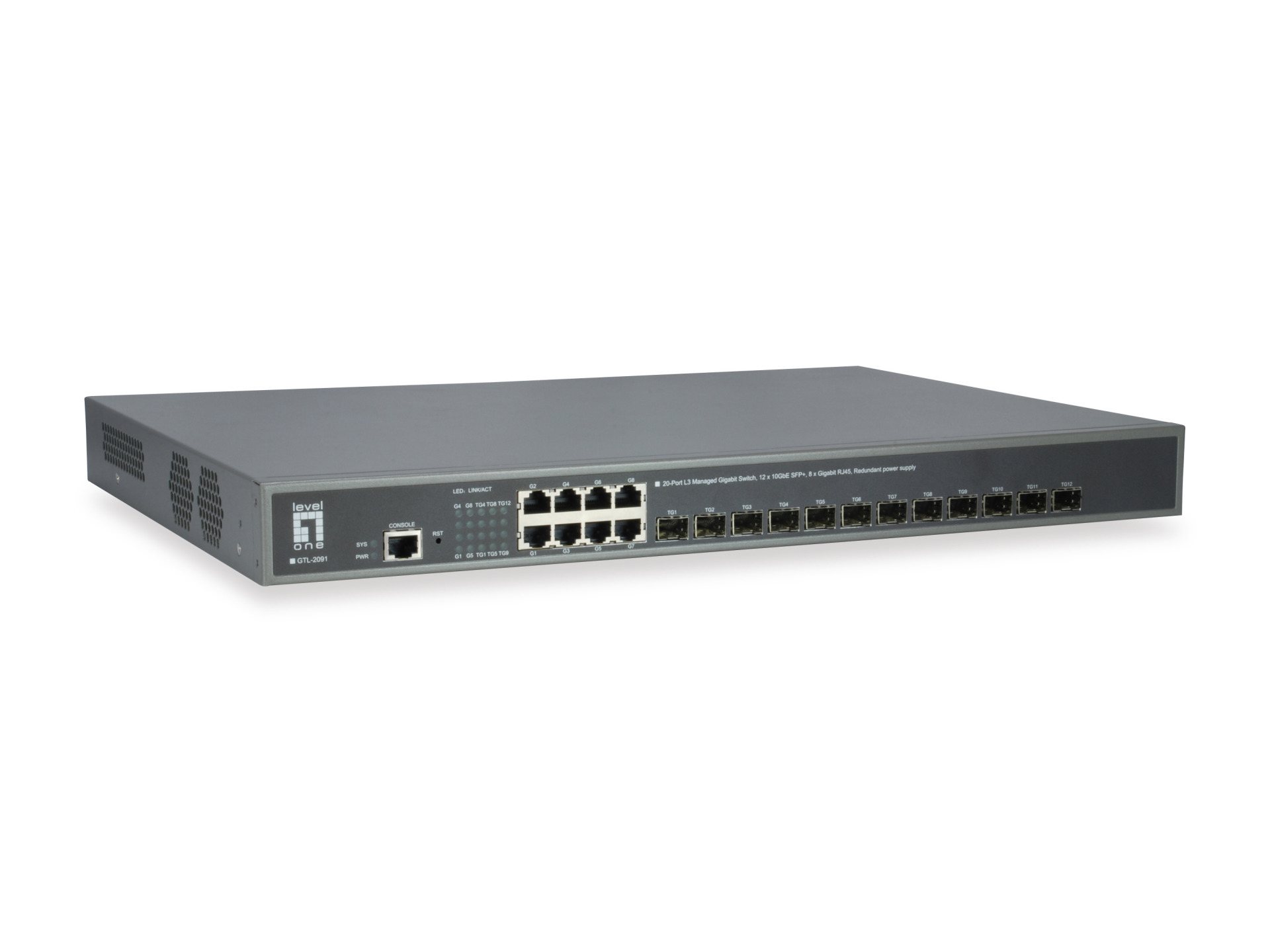 20-Port L3 Managed Gigabit Switch, 12x 10G SFP+,8x GE RJ45, Redundantes Netzteil