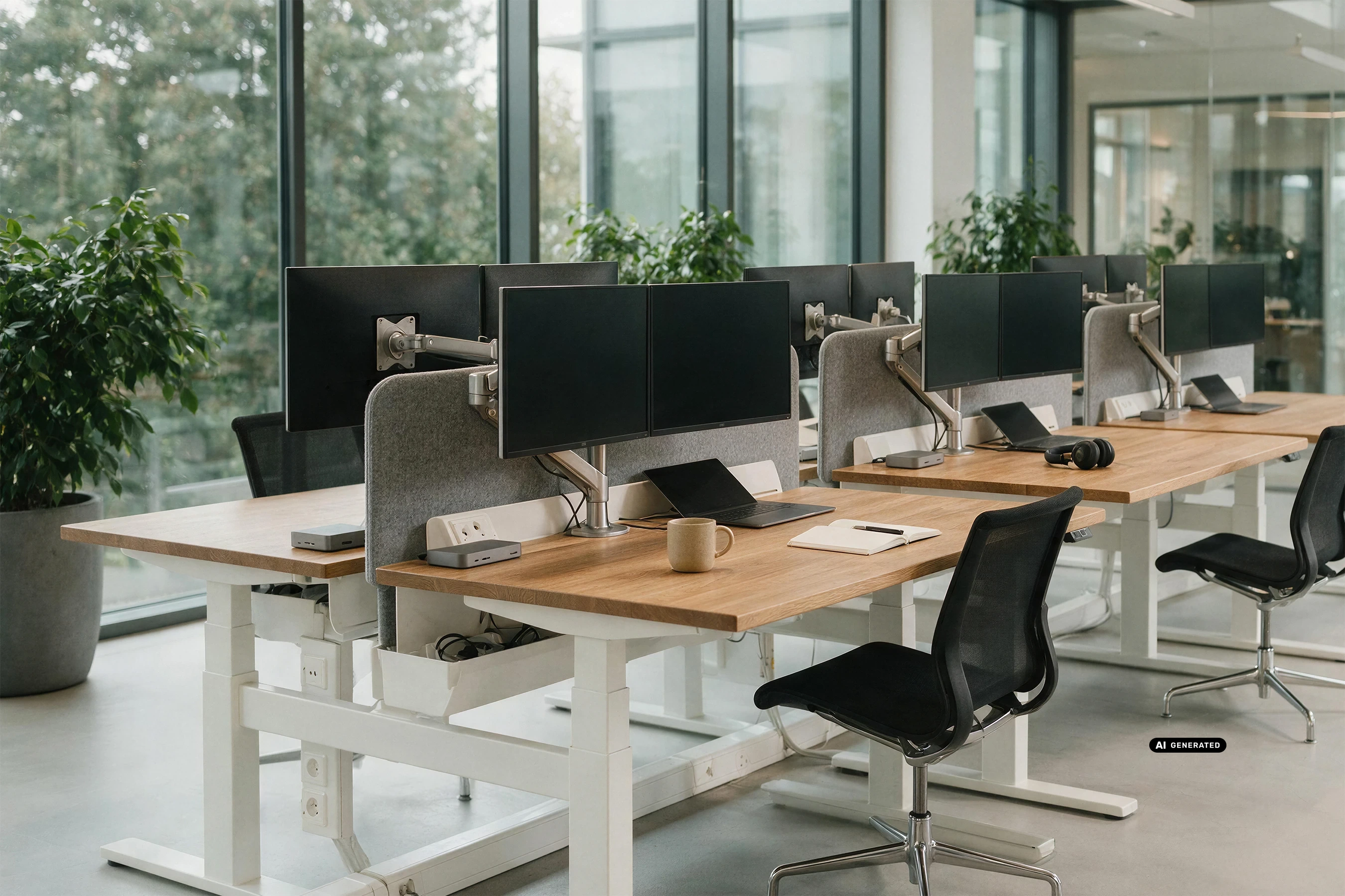 Modern office workspace with several height-adjustable desks, monitors, laptops, docking stations, and organized cable management