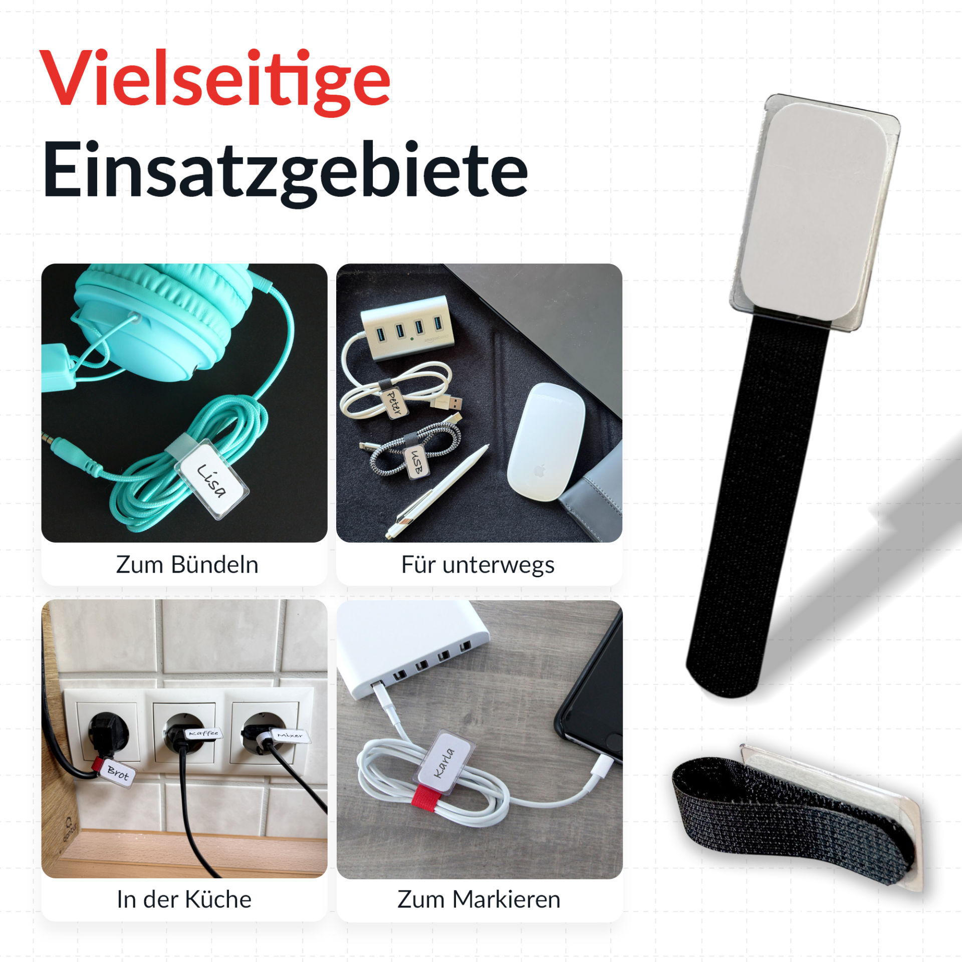 LTC MINI TAGS Kleine Klettkabelbinder mit Beschriftungstafeln 10 Stk Set schwarz