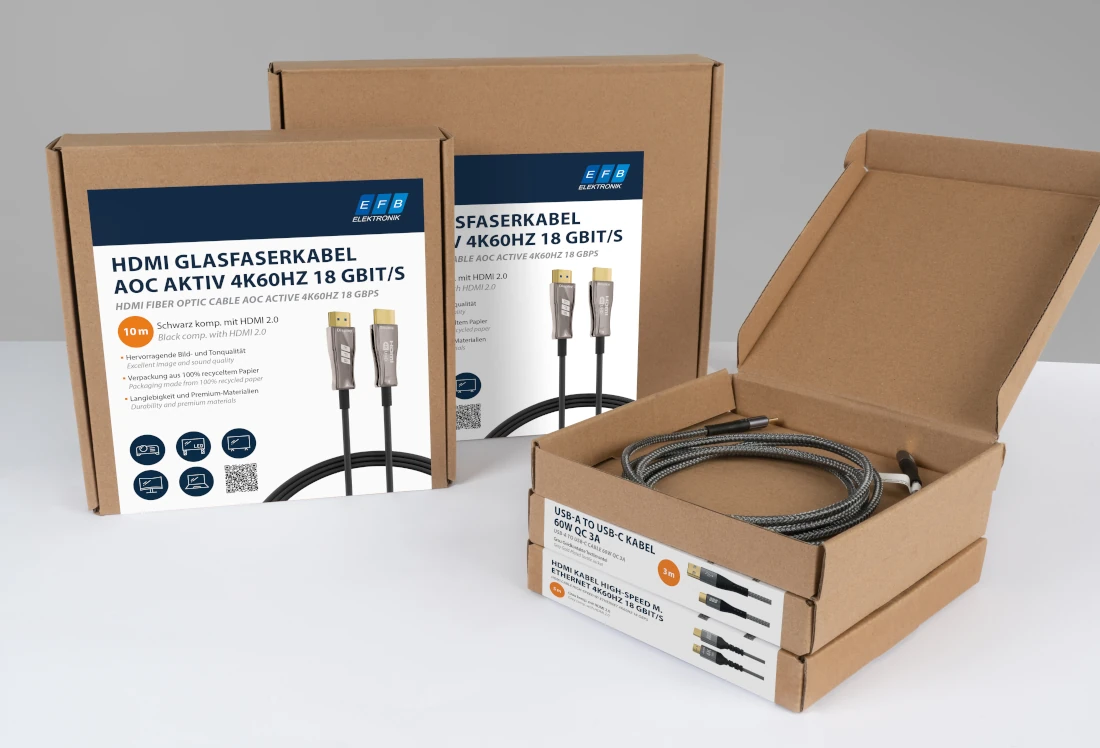 Packaging solutions with HDMI fiber optic cables and USB-C cables from EFB-Elektronik