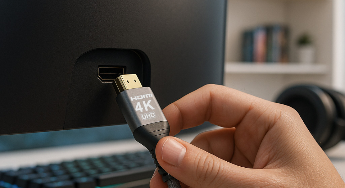 4K HDMI-Kabel wird an Gaming-Monitor angeschlossen – verlustfreie Bildübertragung für Ultra-HD-Gaming und Entertainmen