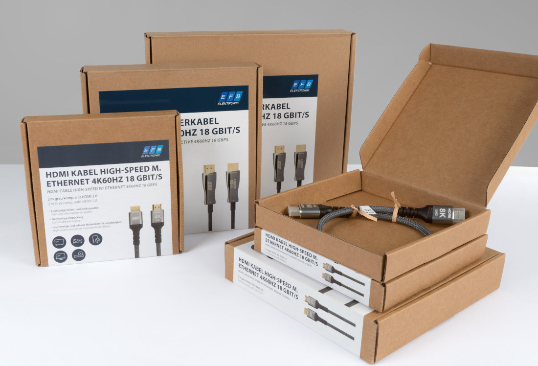 HDMI-Verpackungen und High-Speed-Kabel mit Ethernet von EFB-Elektronik in Kartons
