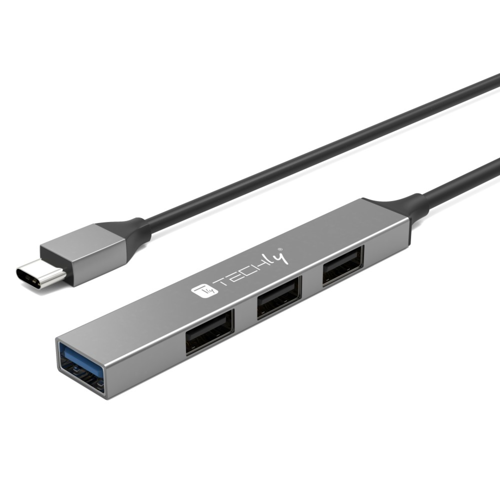 USB-C 3.2 Hub mit 4 schlanken USB-A-Ports, aus Metall