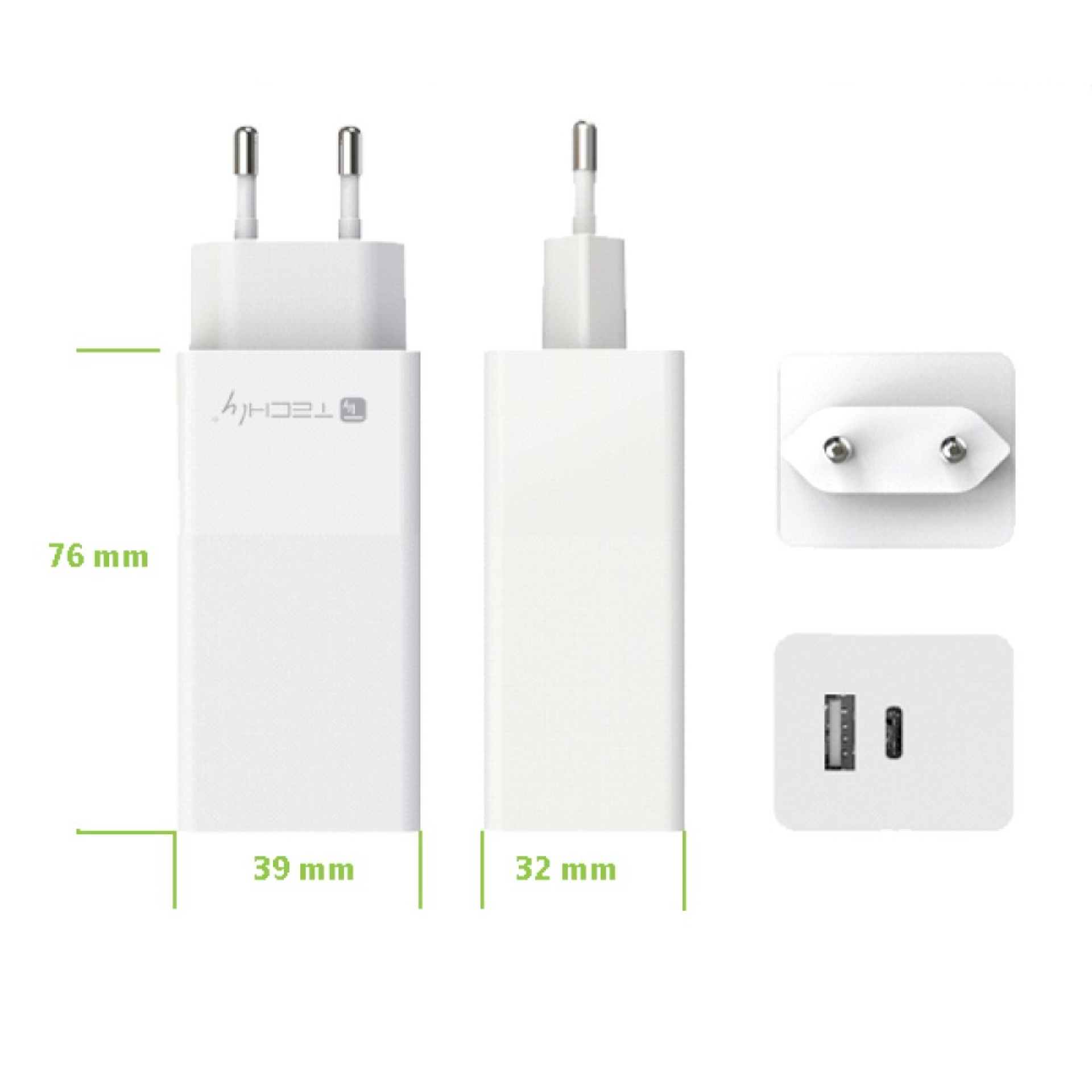 Techly USB-C and USB-A 100W wall charger