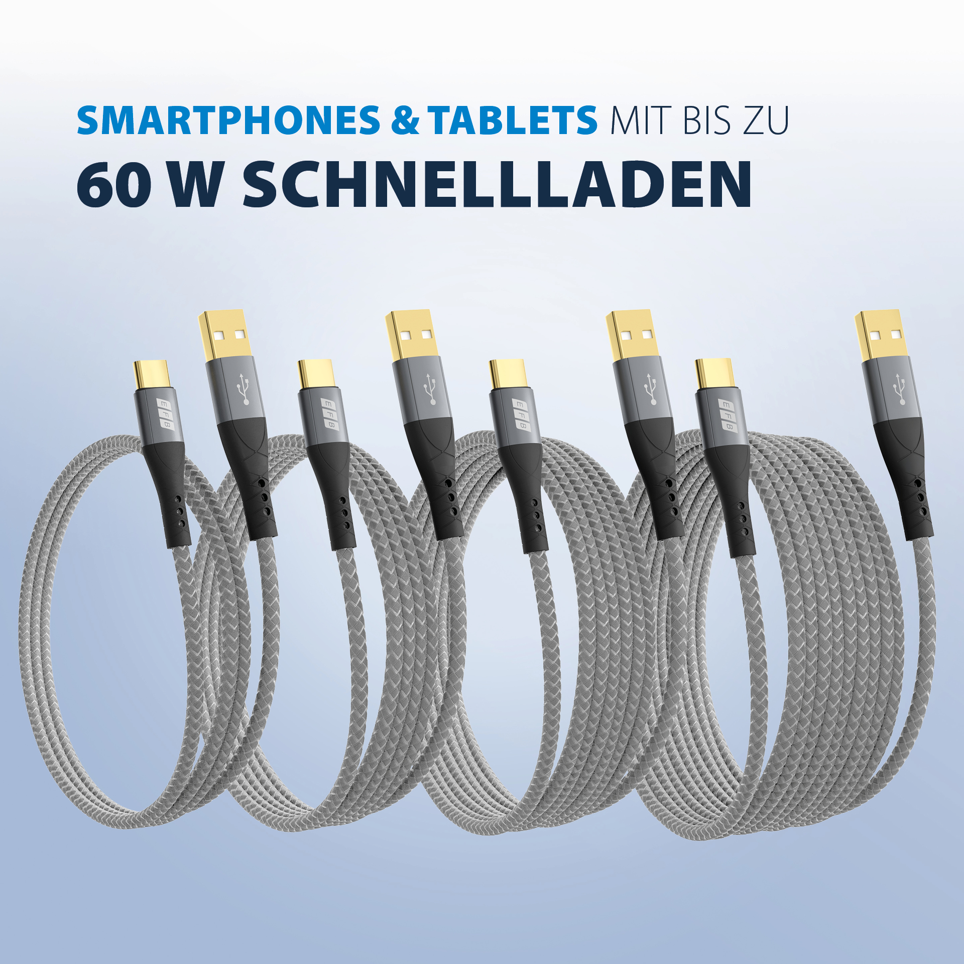 USB-A auf USB-C Kabelset 60W QC 3A 0,5m+1m+2m+3m grau Goldkontakte Textilmantel