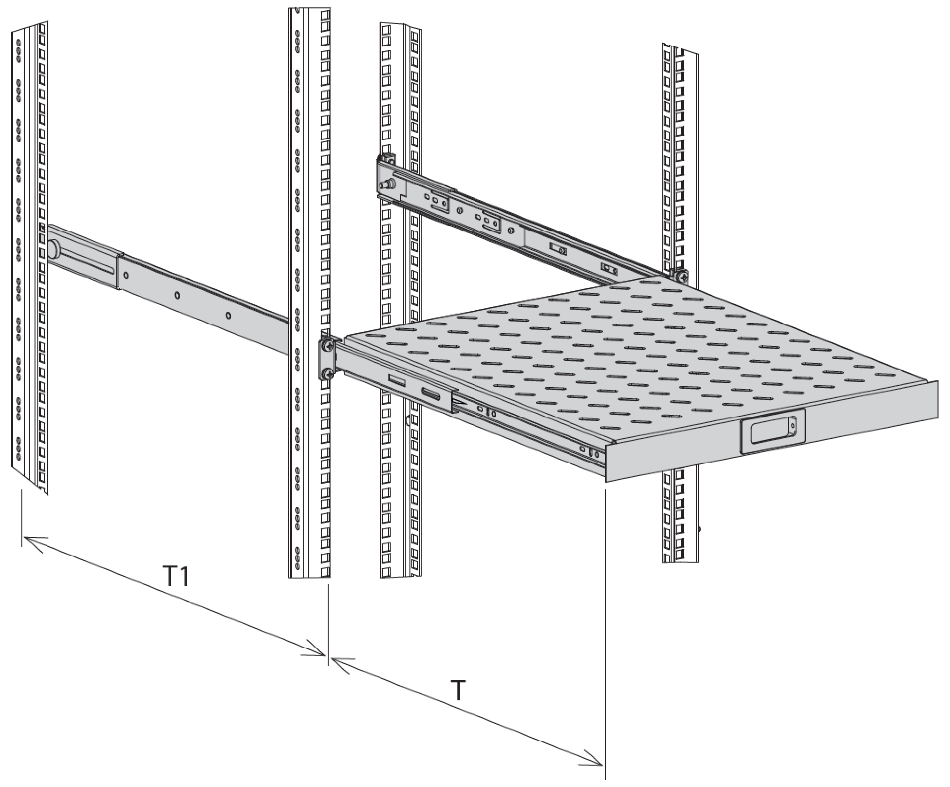19" 1HE Fachboden ausziehbar, ET 350..450 mm, 30 kg, ST 600, RAL7035