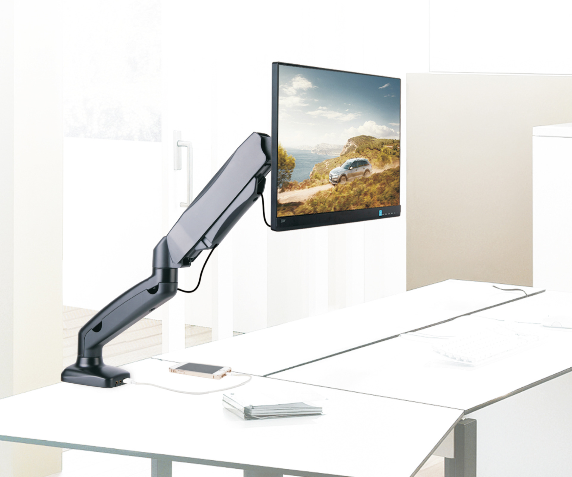 Schreibtischhalterung mit Gasdruckfeder für 1 TV 13"-27", mit USB und Audio