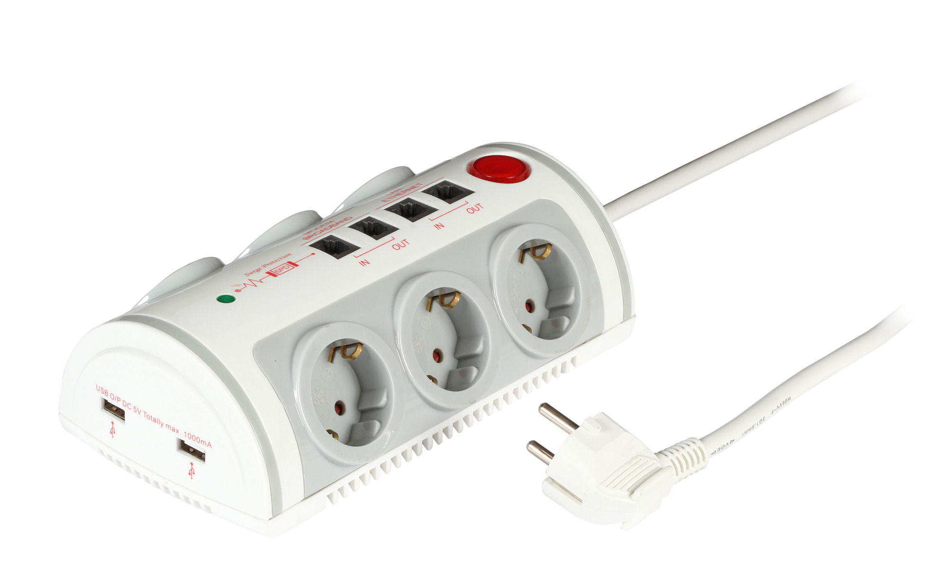 Steckdosenleiste 6 x CEE7/7 mit ÜSS, 2 x USB, 2 x RJ45, 2 x RJ11, Schalter