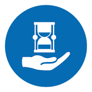 Blaues Icon mit Hand und Sanduhr – Symbol für langlebige und zuverlässige Netzwerktechnik Blaues Icon mit Hand und Sanduhr – Symbol für langlebige und zuverlässige Netzwerktechnik