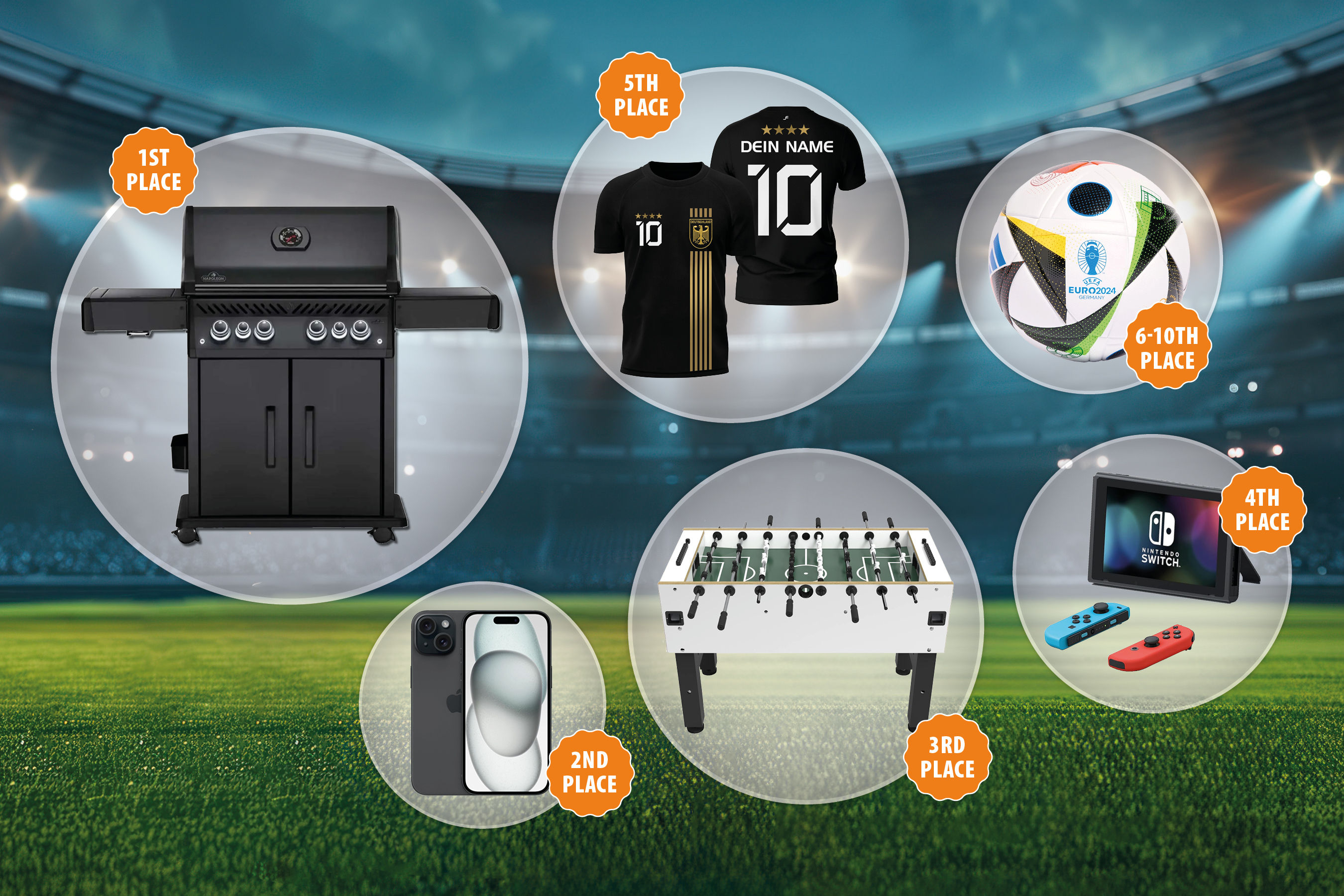 EFB-Elektronik Kick-tip competition prizes: Professional barbecue grill, Apple iPhone 15, table football, Nintendo Switch, a shirt of your favourite club, UE football