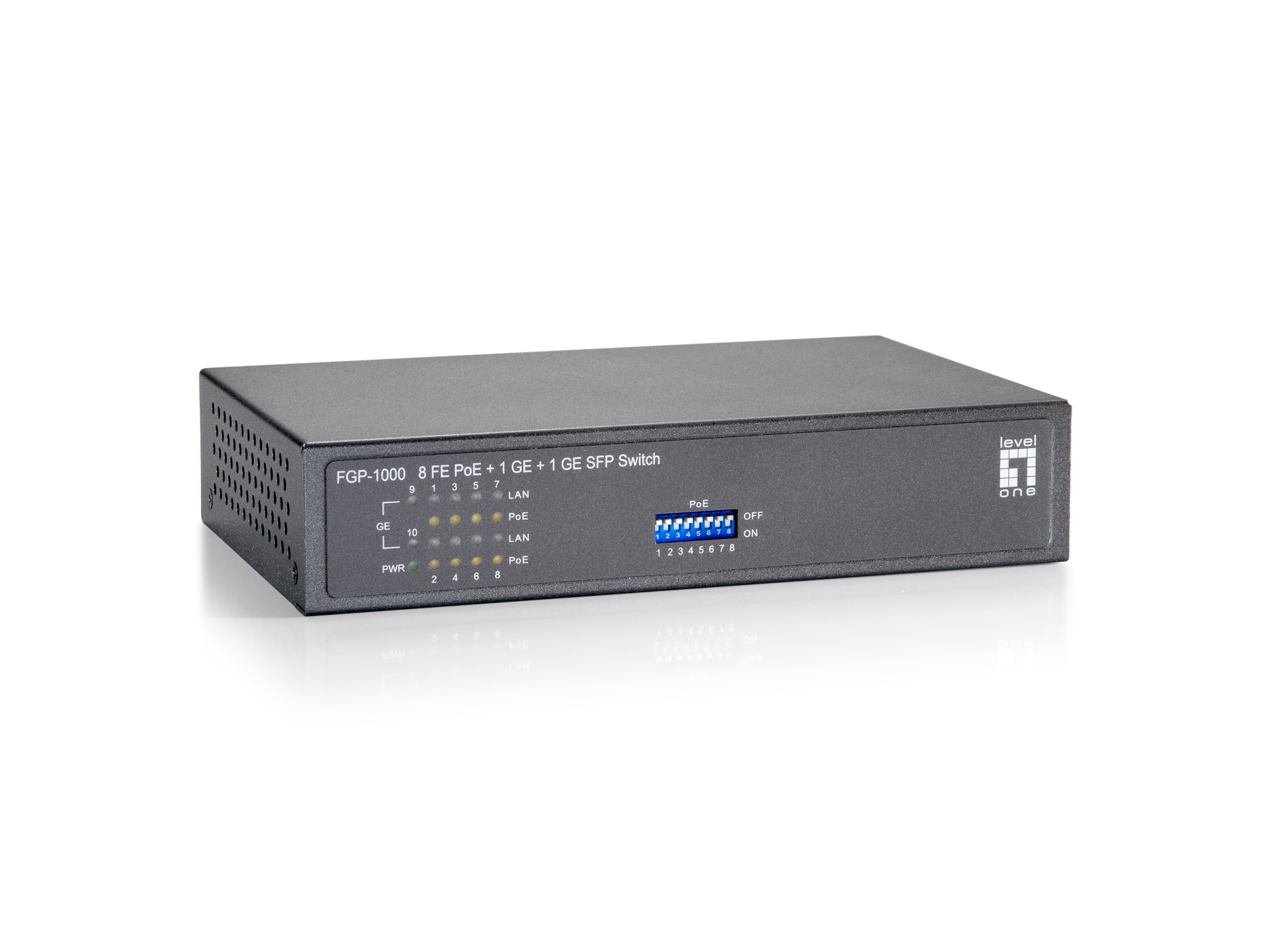 10-Port Fast Ethernet PoE+ Switch, 8x FE PoE+, + 1x GE RJ45, +1x GE SFP (120W)
