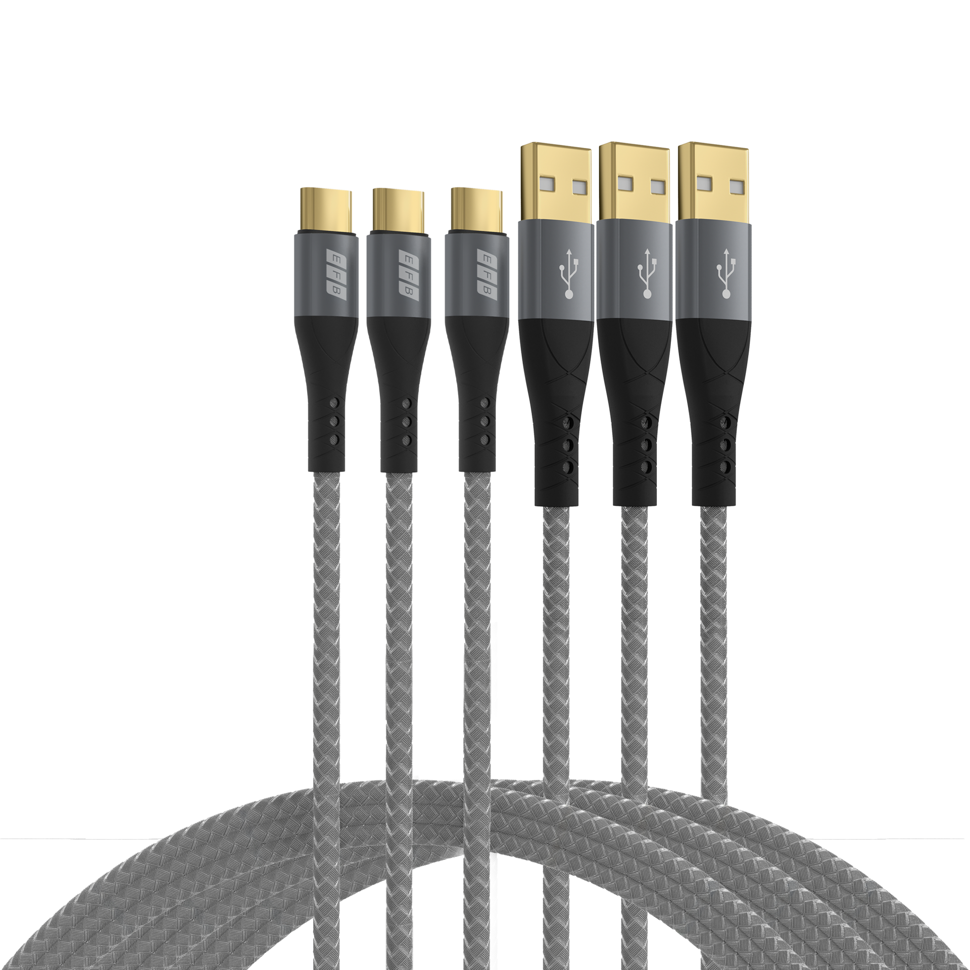 USB-A auf USB-C Kabelset 60W QC 3A 3x2m grau Goldkontakte Textilmantel