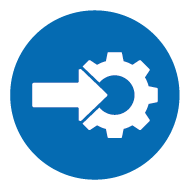 Icon: Pfeil zeigt nach rechts auf ein Zahnrad auf blauem Hintergrund