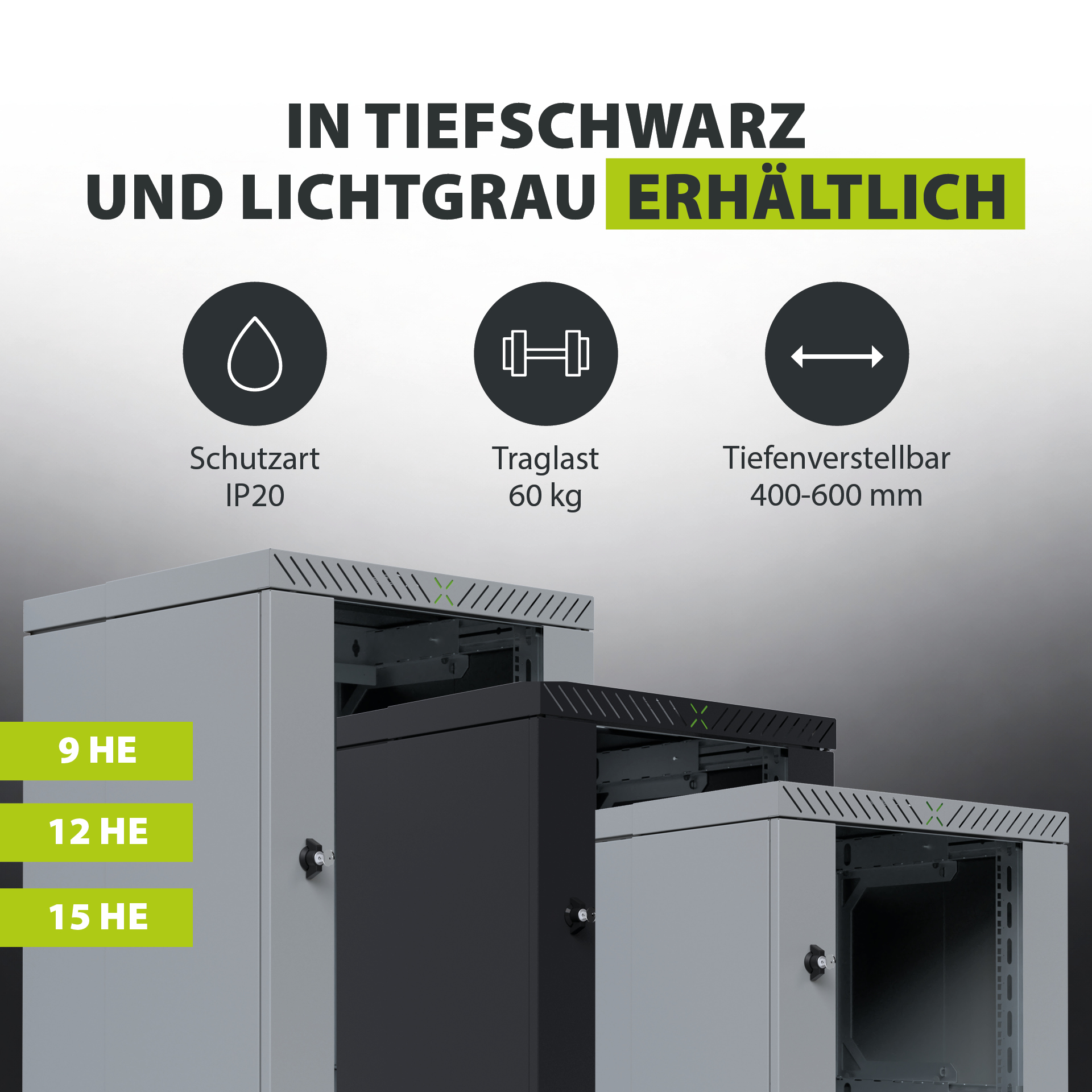 Wall Cabinet X-Rack w. glass door 400-600mm 15U Grey RAL7035