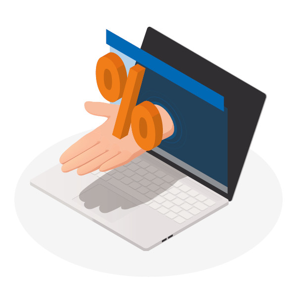 Hand with percentage sign protrudes from a laptop screen and symbolizes online discount campaign - Black Week welcome discount at EFB-Elektronik