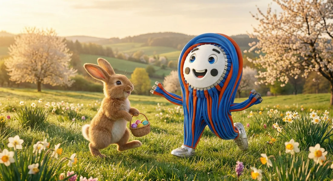 Das EFB-Elektronik Maskottchen Patchy aus blauen und orangefarbenen Netzwerkkabeln steht mit einem Osterhasen auf einer sonnigen Frühlingswiese mit blühenden Bäumen und bunten Ostereiern | Ostermotiv von EFB-Elektronik