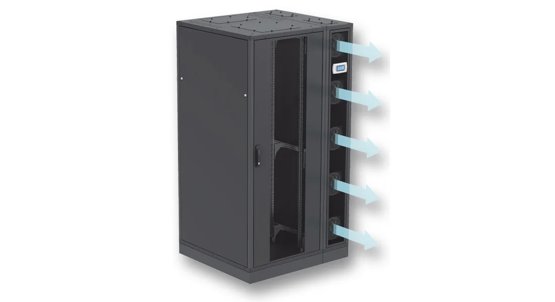 Schwarzer 19-Zoll Serverschrank mit integrierten Lüftern und seitlichem Luftstrom für optimale Kühlung und energieeffizienten IT-Betrieb. Schwarzer 19-Zoll Serverschrank mit integrierten Lüftern und seitlichem Luftstrom für optimale Kühlung und energieeffizienten IT-Betrieb.