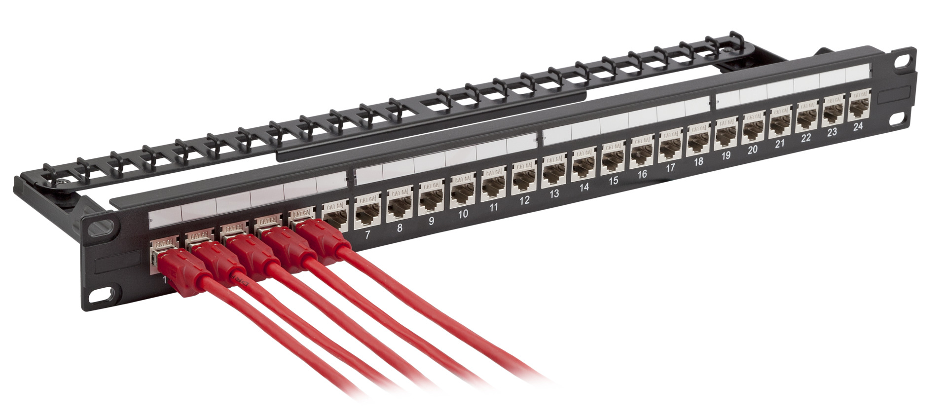 24-Port Patchpanel Cat.6A 1HE bestückt mit Einbauadapter schwarz