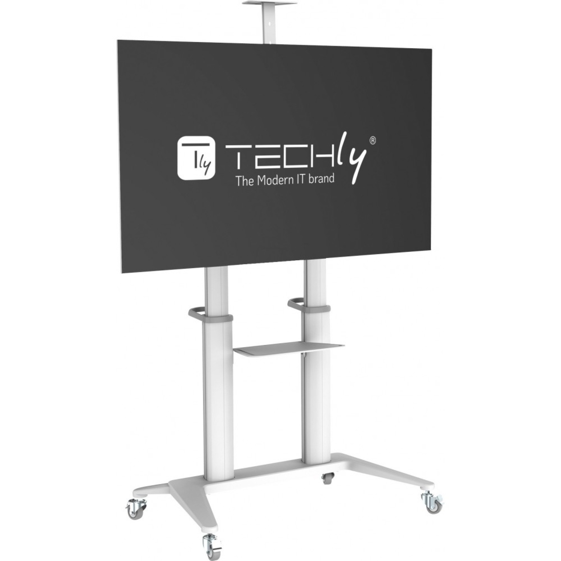 Ultra modern TV trolley made of aluminium, white, for TVs from 70" to 120"