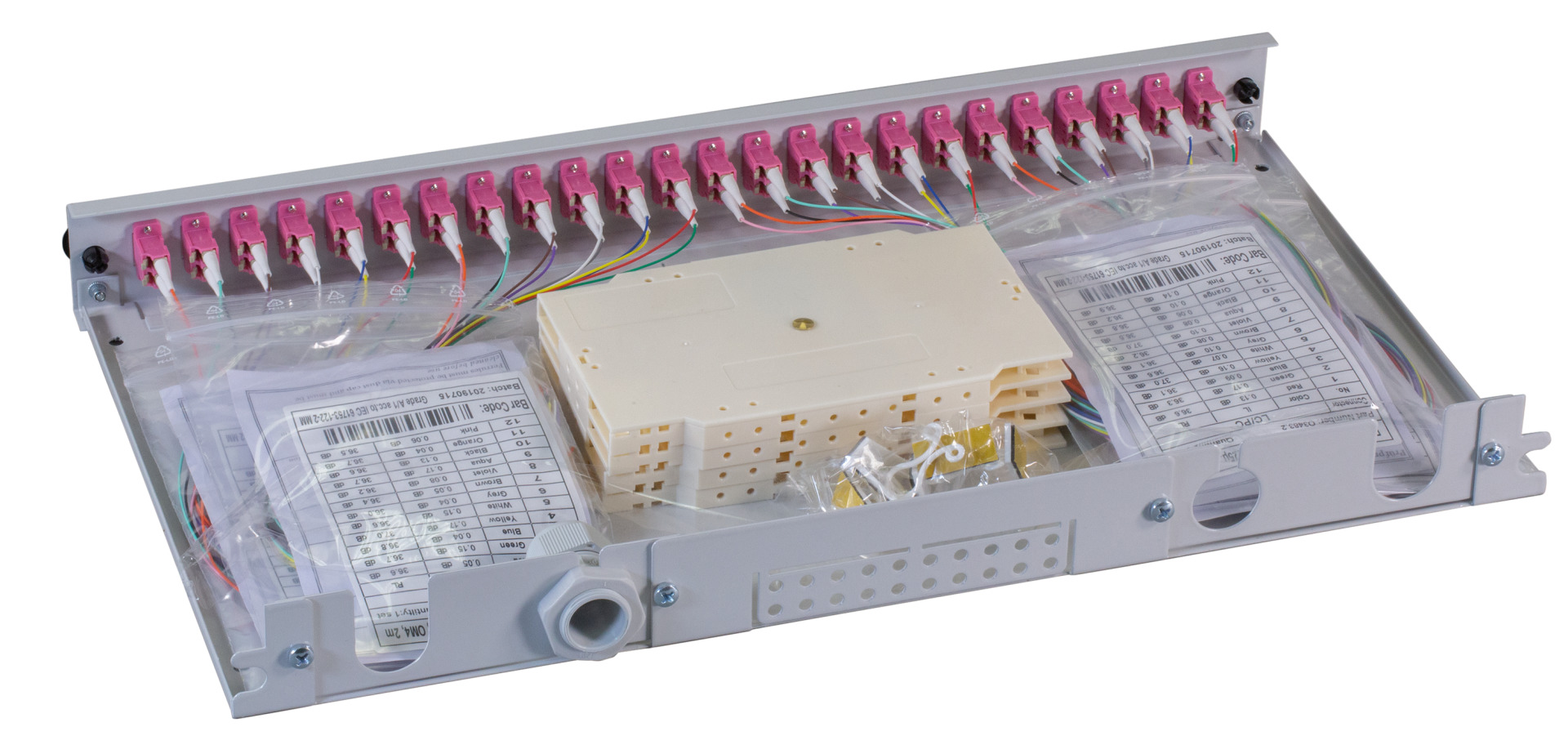 Spleißbox LC 50/125µ OM4 extendable 48 Pigtails/24 Adapter