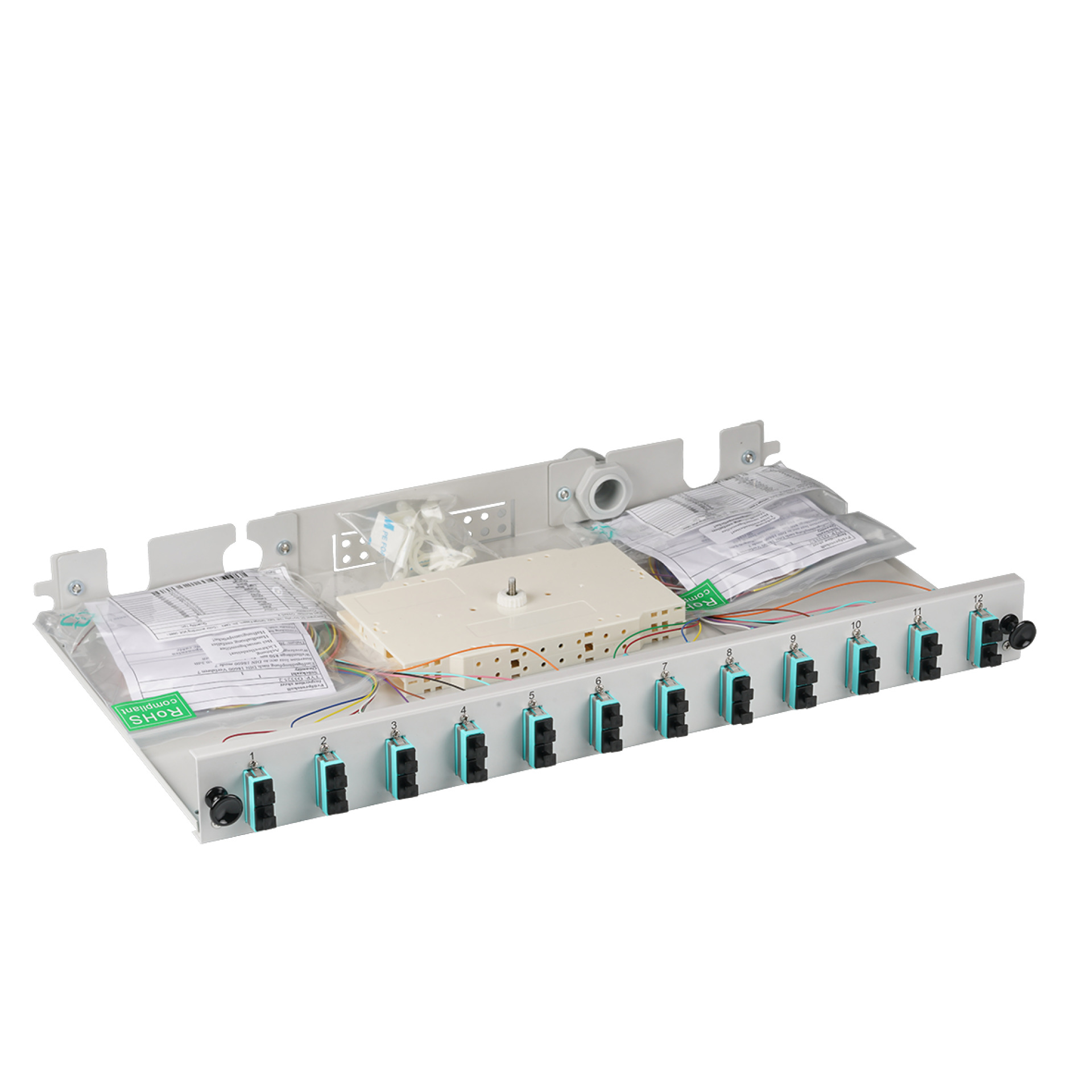 Spleißbox SC 50/125µ OM3 ausziehbar, 12 Pigtails / 6 Kupplungen