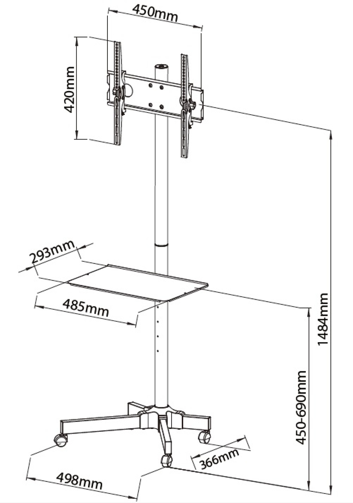 Trolley floor support for LCD LED TV 23-55", with shelf