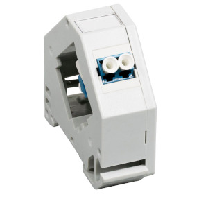Adapter rail coupling for fiber optics in white housing with blue connection sockets. Adapter rail coupling for fiber optics in white housing with blue connection sockets.